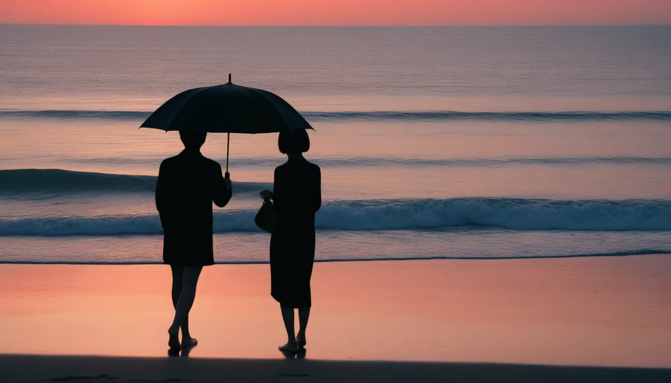 8K, Vivid picture quality, desolate long beach, Two lovers walking from afar, short hair woman, red light of sunset, alone, afternoon, depressed, tide가 밀려온다, ocean, tide, black umbrella , wind, short korean woman, 잔잔한 tide