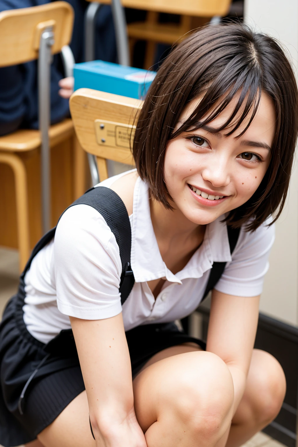 Top quality, 1 beautiful woman, super short Hair, gold hair, school girl, shy-smile, Sunlight, at school, high school student