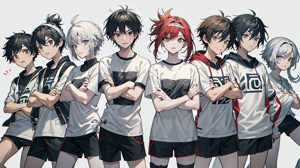 Create a black-and-white sketch of a group of six cartoon characters standing together, each displaying distinct emotions and personalities. The characters have exaggerated facial expressions and unique hairstyles. From left to right:
1. The first character has a short, messy hairstyle and looks surprised with their hands slightly raised.
2. The second character has a long, parted hairstyle and appears anxious, with a worried expression and hands clasping the front of their shirt.
3. The third character has spiky hair, is laughing with their mouth wide open, and has their hands on their hips.
4. The fourth character has short, straight hair, is making an angry face, and is clenching one fist while the other hand is on their hip.
5. The fifth character has long hair with a headband and glasses, looking confused or contemplative, and is wearing a shirt with a large 'A' on it.
6. The sixth character has short, dark hair and is making a mischievous or rebellious face, with one hand in their pocket and the other making a rock-on gesture.
The characters are dressed in various casual outfits, and the background is plain, giving the focus to their expressive faces and postures.