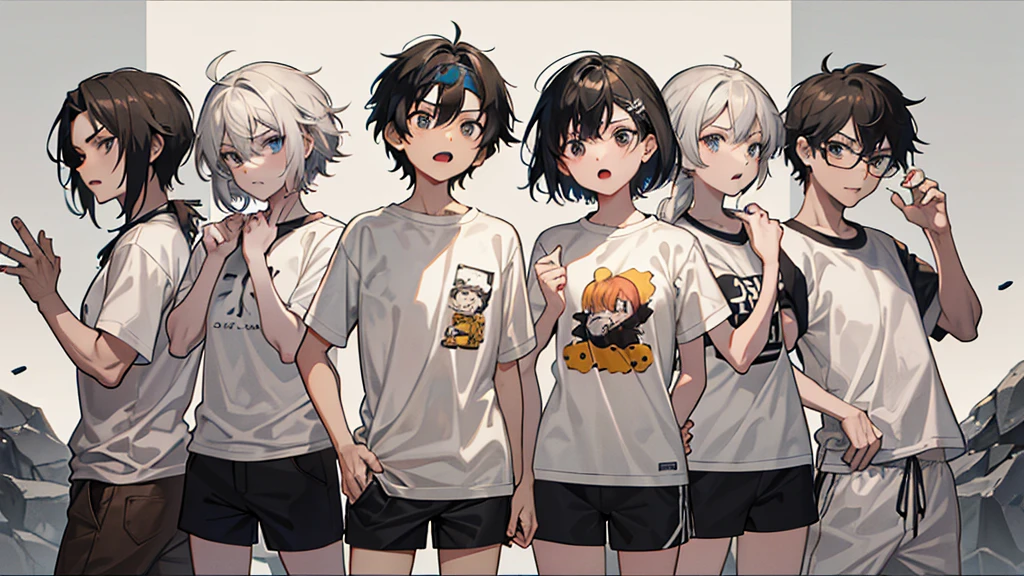 Create a black-and-white sketch of a group of six cartoon characters standing together, each displaying distinct emotions and personalities. The characters have exaggerated facial expressions and unique hairstyles. From left to right:
1. The first character has a short, messy hairstyle and looks surprised with their hands slightly raised.
2. The second character has a long, parted hairstyle and appears anxious, with a worried expression and hands clasping the front of their shirt.
3. The third character has spiky hair, is laughing with their mouth wide open, and has their hands on their hips.
4. The fourth character has short, straight hair, is making an angry face, and is clenching one fist while the other hand is on their hip.
5. The fifth character has long hair with a headband and glasses, looking confused or contemplative, and is wearing a shirt with a large 'A' on it.
6. The sixth character has short, dark hair and is making a mischievous or rebellious face, with one hand in their pocket and the other making a rock-on gesture.
The characters are dressed in various casual outfits, and the background is plain, giving the focus to their expressive faces and postures.