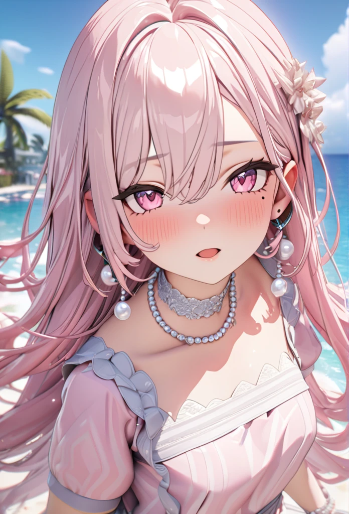 masterpiece, best quality, highly detailed, high resolution, expensive resolution, high resolution, 4k, 8k, Unity 8k wallpaper, highly detailed CG, masterpiece, 2d, 3d, beautiful details, depth, fine texture, best quality: 1.3, perfect focus, crispy skin, him, very cute anime girl, girl with pearl necklace and pearl earrings, idol. Background is ocean with dolphins jumping, scallops dancing, palm trees, expensive, pink medium long hair, mole under eye, looking at the viewer, expensive, blush, mole, open lips, , heart, pink eyes, choker