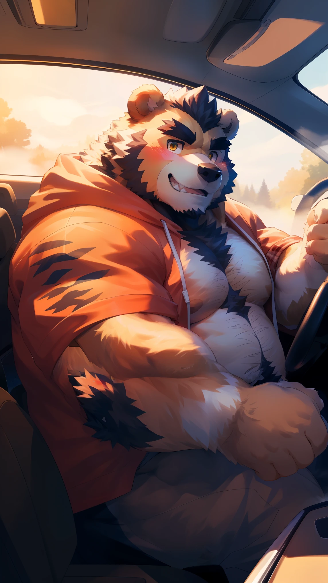 (Vision:1.5), solitary, anthropology, hairy, hairy male, Wolf, ((Fluffy fur, Fluffy, hairy body)), (wolf print), (Thick eyebrows), youth, muscular, White big pectoral muscles, Light blue fur, Golden pupils, Detailed teeth, defaced face, fundos, trucker, Light yellow plaid hoodie, Baseball cap, cab里, Driving, sideways, Shy expression, A faint smile,blush, (Dynamic poses:1.5), Clear facial features, Strong, majestic, alone, panoramic, Fog atmosphere, early morning, Tyndall Light Effect, cab, Sunlight through the car window, (By Empty Ghost, From wolf20, masterpiece, high quality, high resolution,8K)