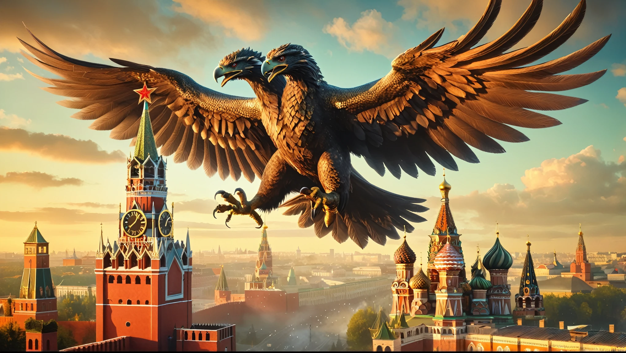 there is a large bird flying over a city with a clock tower, dragon invasion of moscow, by Alexander Kucharsky, by Igor Grabar, flying mythical beasts, 3 d render and matte painting, sergey zabelin, by Serhii Vasylkivsky, imperial russia, russia in 2 0 2 1, gryphon, by Fyodor Rokotov, Ultrarealistic Photography, trending on Flickr, trending  on pinterest,  insanely detailed and intricate, Lifelike, Authentic, True-to-life, Genuine, Natural, Cinematic Lighting, Dramatic, Theatrical, Atmospheric, Evocative, Mood-setting, Award Winning Photography, Acclaimed, Recognized, Celebrated, Honored, Prize-winning, Sharp Focus, Crisp, Clear, Precise, Well-defined, Distinct, Masterpiece Photography, Iconic, Exceptional, Extraordinary, Stunning, Magnificent, Studio Photography, Controlled, Polished, Professional, Refined, Perfected, Nikon, High-quality, Reliable, Durable, Precision-engineered, Cutting-edge, No Filter Photography, Natural-looking, Unedited, Raw, Authentic, True-to-life, 8K Photography, High-resolution, Crystal-clear, Ultra-detailed, Immersive, Cutting-edge, Realistic Skin Texture, Lifelike, Natural-looking, Authentic, True-to-life, Genuine, Photorealistic, Hyper-realistic, True-to-life, Natural-looking, Authentic, Realistic, Hyper Realism, Ultra-detailed, Intensely realistic, Extremely lifelike, Highly precise, Stunningly accurate, Highly Detailed, Intricate, Elaborate, Meticulous, Comprehensive, Thorough, Flattering, Intimate, Personal, Impressive, Captivating, Professional Studio Lighting, Expertly lit, Skillfully crafted, Perfectly balanced, Impeccably executed, Artfully arranged, Million dollar Photoshoot, Memorable.