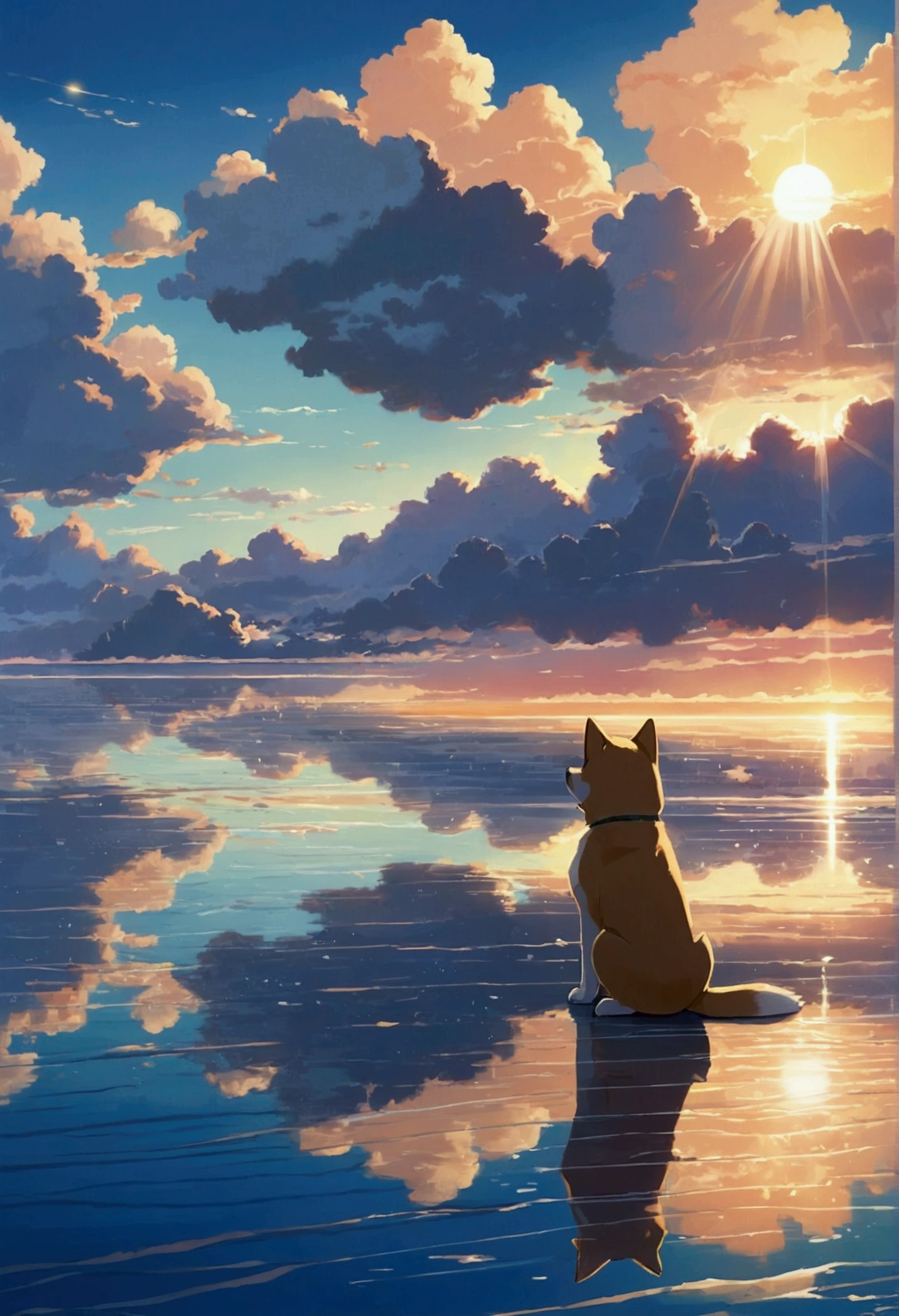 Makoto Shinkai Taste, Beautiful sky, Reflection of light, Shiba Inu puppy,The sea at the end of the road, Romantic Landscape, Healing scenes,