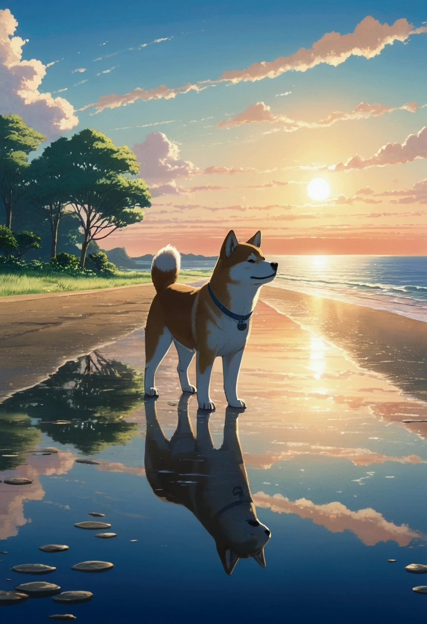 Makoto Shinkai Taste, Beautiful sky, Reflection of light, Shiba Inu puppy,The sea at the end of the road, Romantic Landscape, Healing scenes,