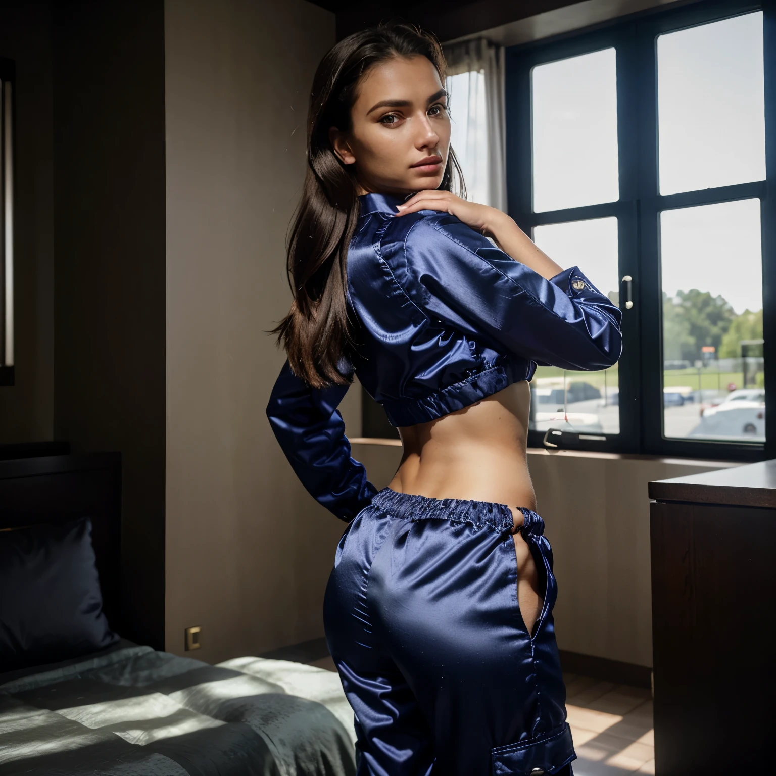 (realistic, photorealistic), cinematic photo ,realistic, (a woman wearing loungewear and  Cargo Satin pants: Pants with multiple pockets, often inspired by military wear.), NikkyRiderQuiron woman, . 35mm photograph, film, bokeh, professional, 4k, highly detailed,  (high quality skin), (high detailed face skin), (realistic iris), (realistic pupils), (skin pores), (skin imperfections:0.27),sexy Ass , Club,