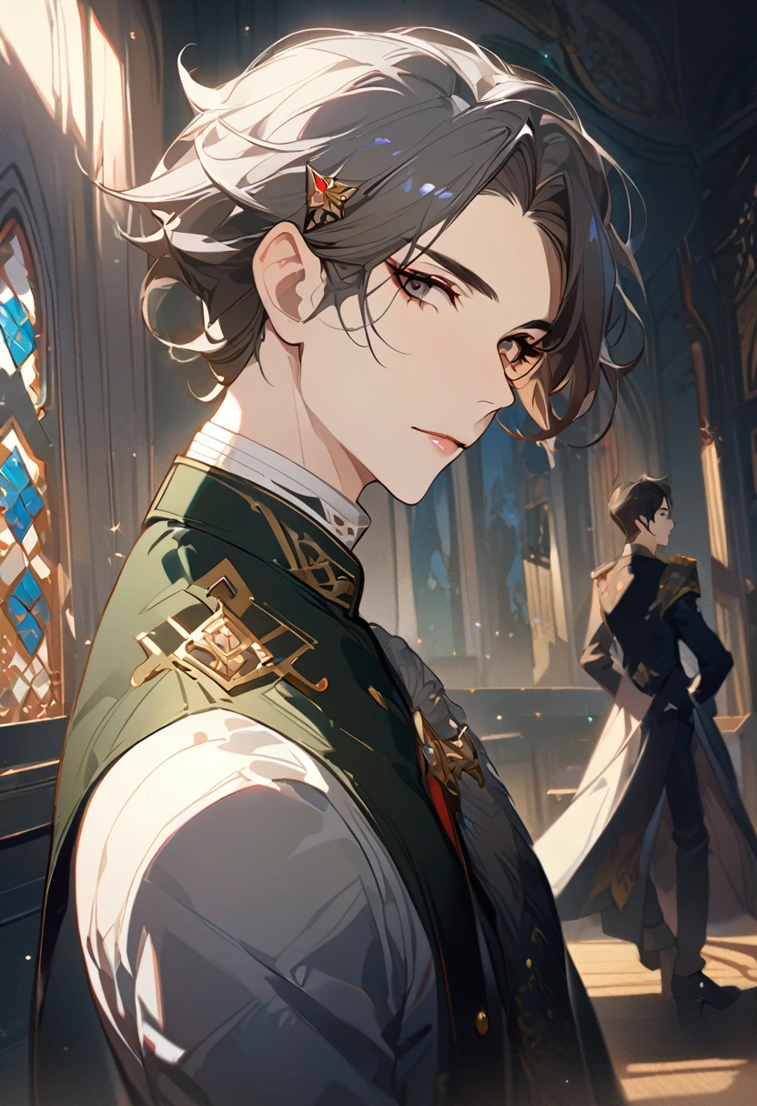 masterpiece, best quality, 8k ,4k , 1 male, elf, long ears elf, dark grayish hair, dark greenish eyes, hair ornament, finely detailed eyes and detailed face, looking at viewer, from side, meticulous clothes, formal clothes, combination of white and black coat, half cape by the shoulders, patterned clothes, majestic looks, sharp looks, shadows, inspired by Asukaziye artist : ask, art style : ask