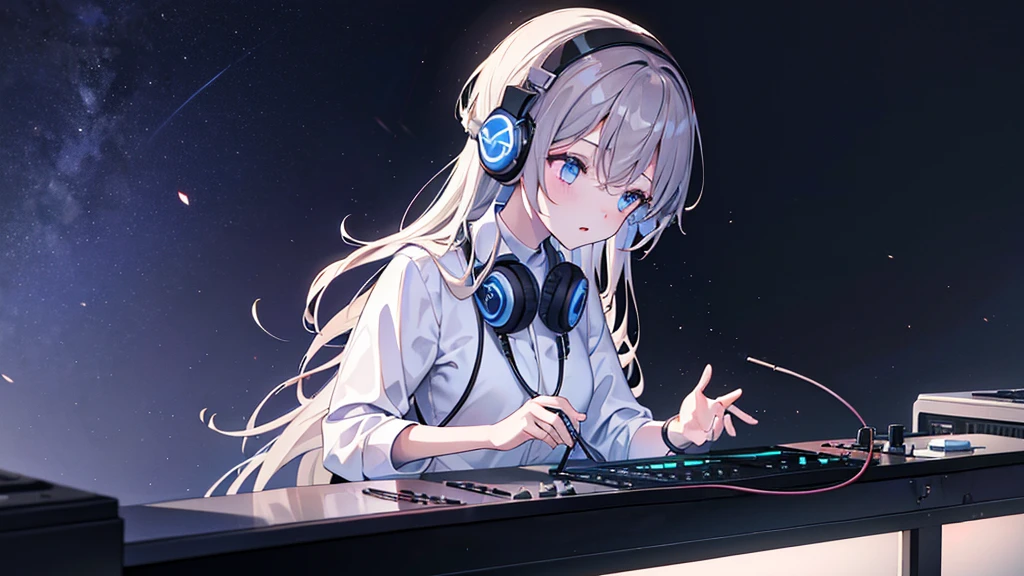 (Highest quality, masterpiece), One girl, Look down, Wind, particle, Simple Background, Dark mood, Upper Body,DJ Booth,PLAY,Performance,Headphones,DJPYAY,Listen to the sound,4K,wallpaper,80's,citypop,Shortcuts,Tank top