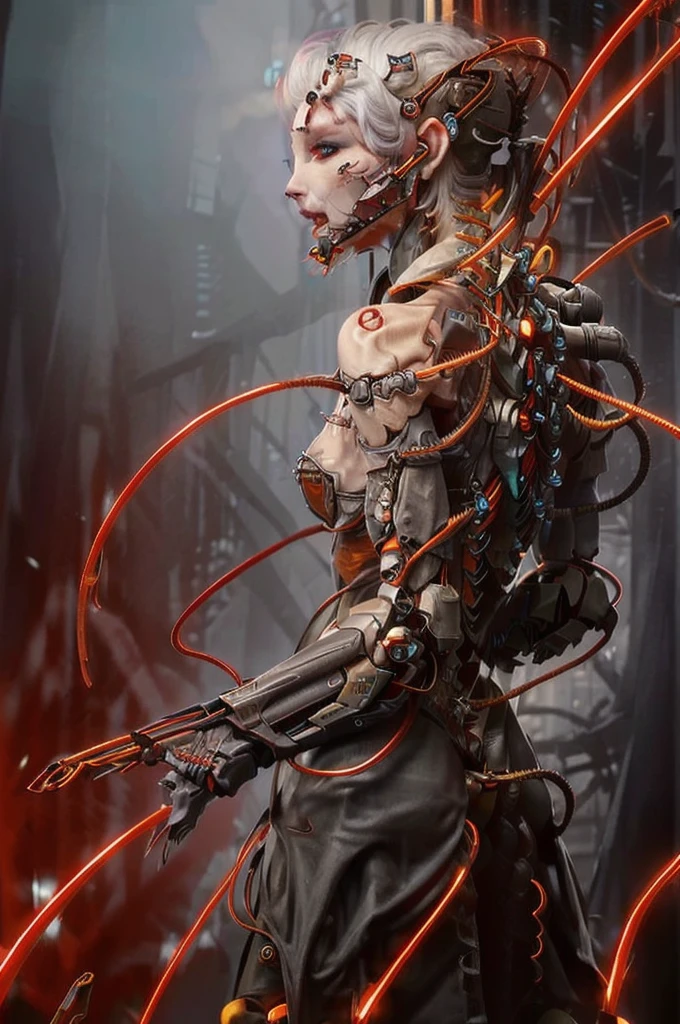 ((((masterpiece))), ((best quality))), ((ultra-detailed)), (CG illustration), ((an extremely delicate and beautiful)),(from side),cinematic light, ((1 mechanical girl)), single, full-body, (machine-made joint: 1.2), ( (mechanical limbs)), (blood vessels connected to tubes), (mechanical spine connected to back), ((mechanical cervical vertebrae attached to neck)), (sitting), forced laughter, (wires and cables around the neck: 1.2), (wires and cables on the head: 1.2) (character focus), sci-fi, extremely thin, colored, the finest white hair, red eyes, in battle, (knotted), (killing), (1 immortal)