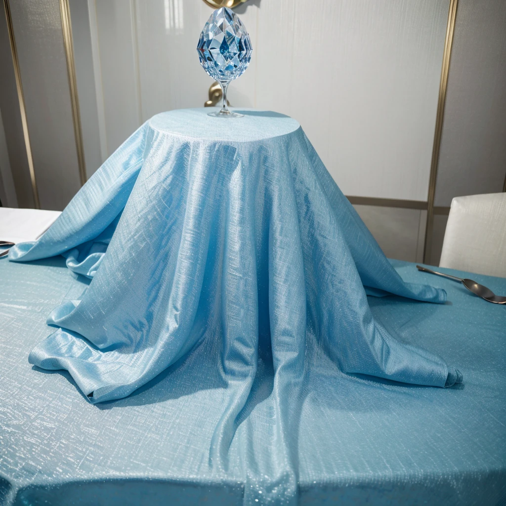 A photorealistic image of a luxuriously set table in a prestigious hotel dining room. The table is covered in a light blue tablecloth that casts a soft, elegant blue tint on the entire scene.  Focus on the intricate details of the table setting, including crystal glasses.