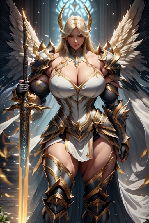 ((Massive beautiful, buff, light brown skinned muscular paladin woman with yellow hair, giant angel wings, black lipstick, ginormous bulky muscles, carrying a giant sword and wearing angel white paladin knight armored with a long tiered skirt)), ((close view)), large breast, massive muscles, massive biceps, hyper muscle shoulders, hyper muscle triceps, (long flowing hair), (giant angel wings), gray eyes, (Paladin boots), (angel metal armor), holy breastplate, (angel gauntlets), (holy Shoulder armor), closed smile, (in a heavenly castle), snowfall, Vascular arms, hyper muscles arms, hyper muscle legs, massive buff arms.