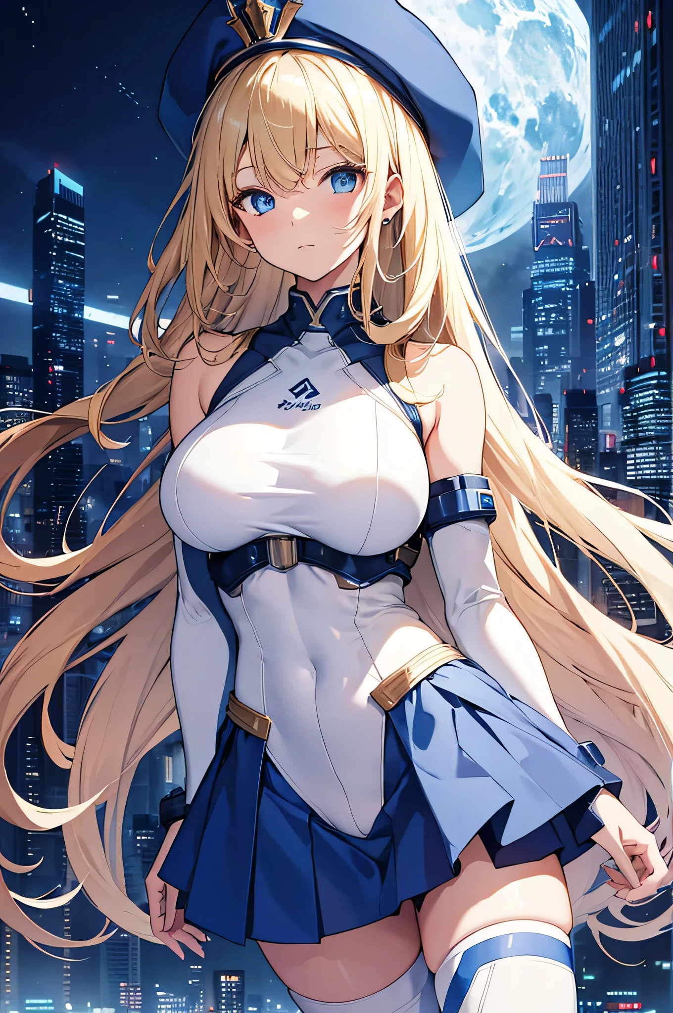 4K,High resolution,One Woman,Blonde,long hair,Blue Eyes,Big Breasts,Wizard,White tight cyber suit,Sleeveless,Blue Skirt,Blue hat,White Staff,City of the Future,Night Sky