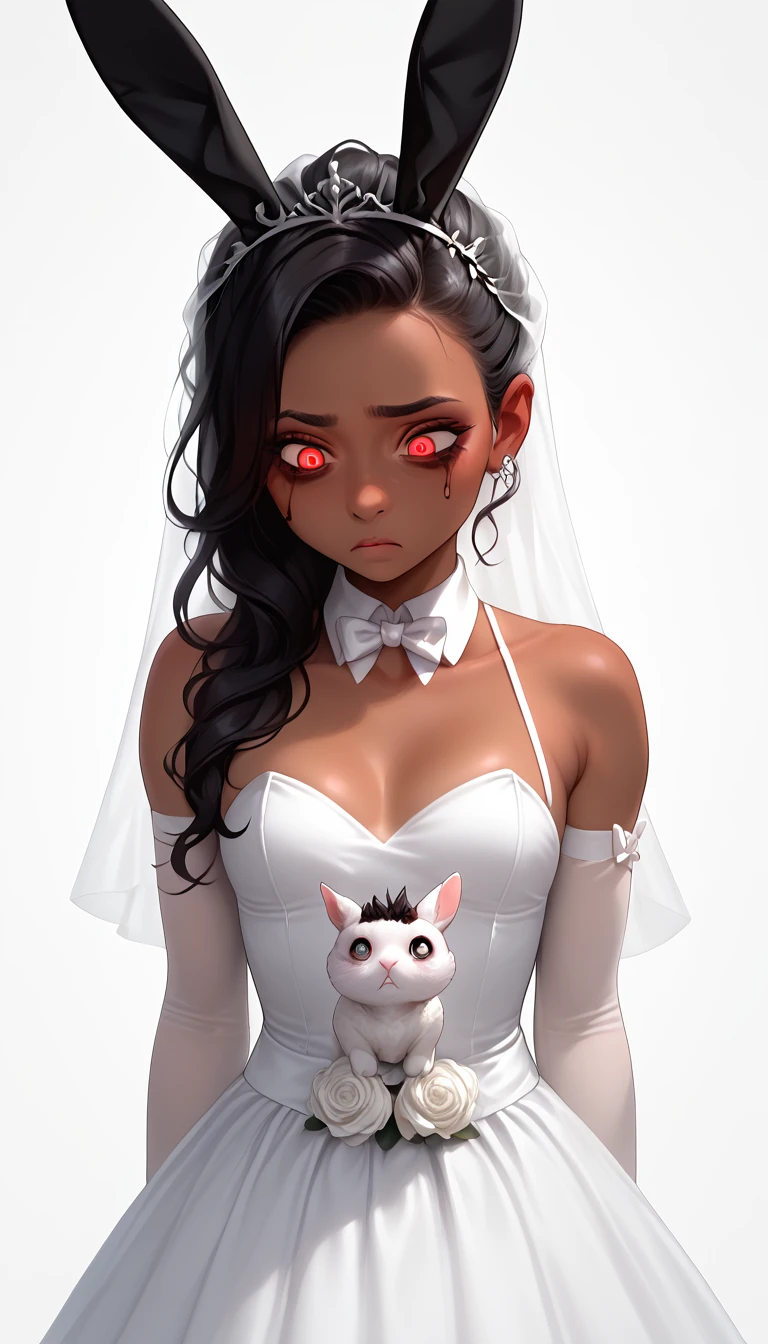 score_9, score_8_up, score_7_up, 1girl, solo,
flowing black hair, glowing red eyes, ((HUGE boobs:1.5)), ((action pose)), ((shy face expression:1.5)), (black bunny ears), (black bunny tail), ((dark tanned skin)), demoness, (Bunny:1.2),
monochromatic, eerie atmosphere,
(wedding dress), seductive, stark white background