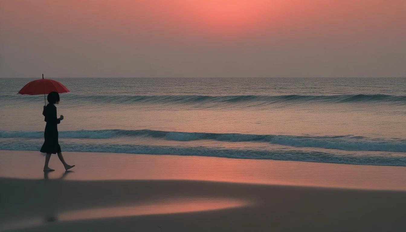 8K, Vivid picture quality, desolate long beach, two lovers walking on the beach from afar, short hair woman, red light of sunset, alone, afternoon, depressed, tide가 밀려온다, ocean, tide, black umbrella , wind, short korean woman, 잔잔한 tide