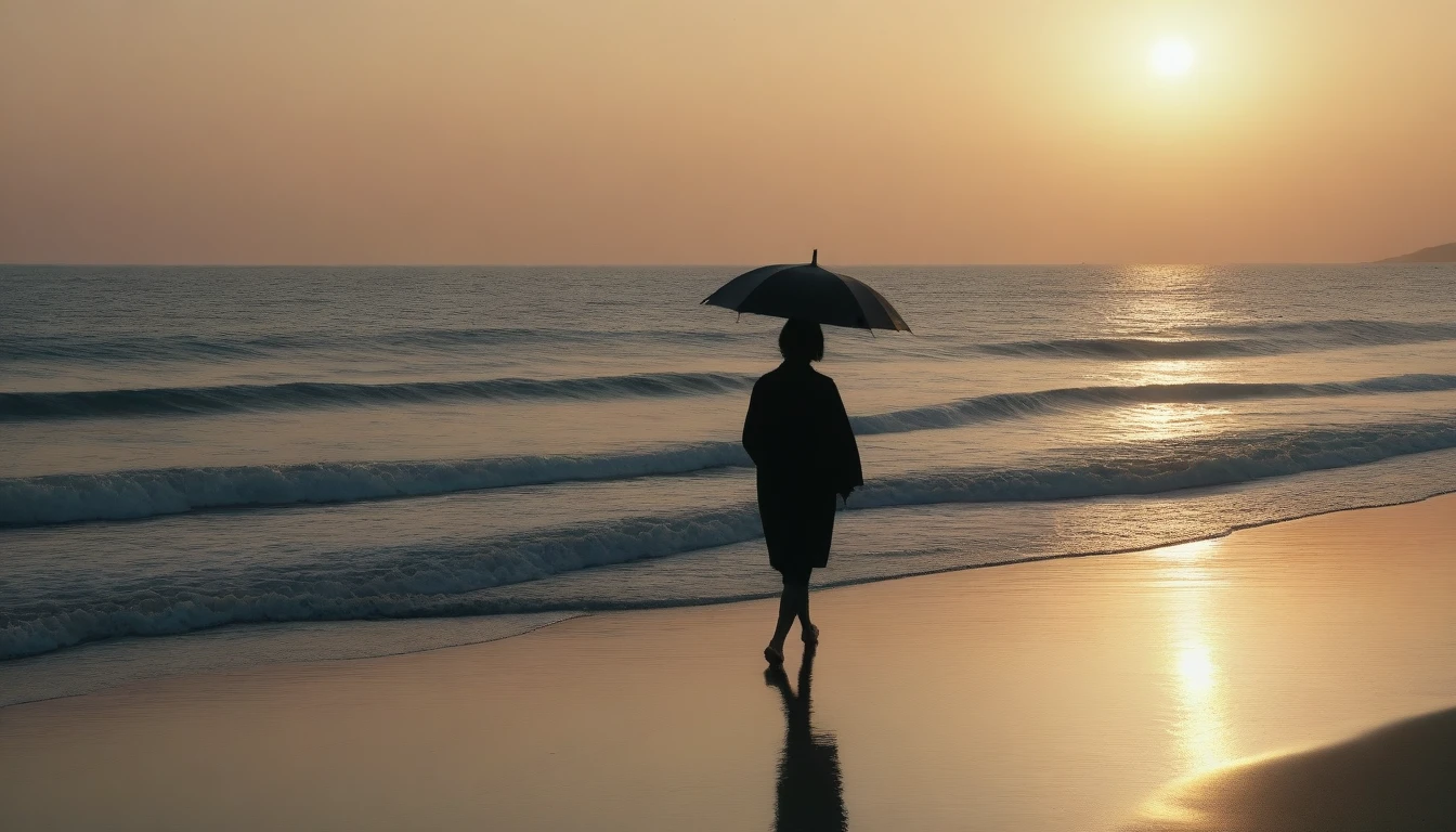 8K, Vivid picture quality, desolate long beach, two lovers walking on the beach from afar, short hair woman, red light of sunset, alone, afternoon, depressed, tide가 밀려온다, ocean, tide, black umbrella , wind, short korean woman, 잔잔한 tide