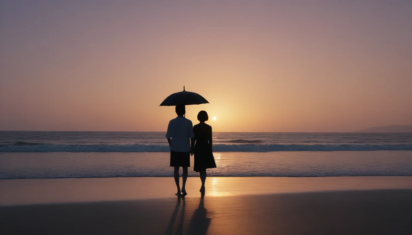 8K, Vivid picture quality, desolate long beach, two lovers walking on the beach from afar, short hair woman, red light of sunset, alone, afternoon, depressed, tide가 밀려온다, ocean, tide, black umbrella , wind, short korean woman, 잔잔한 tide