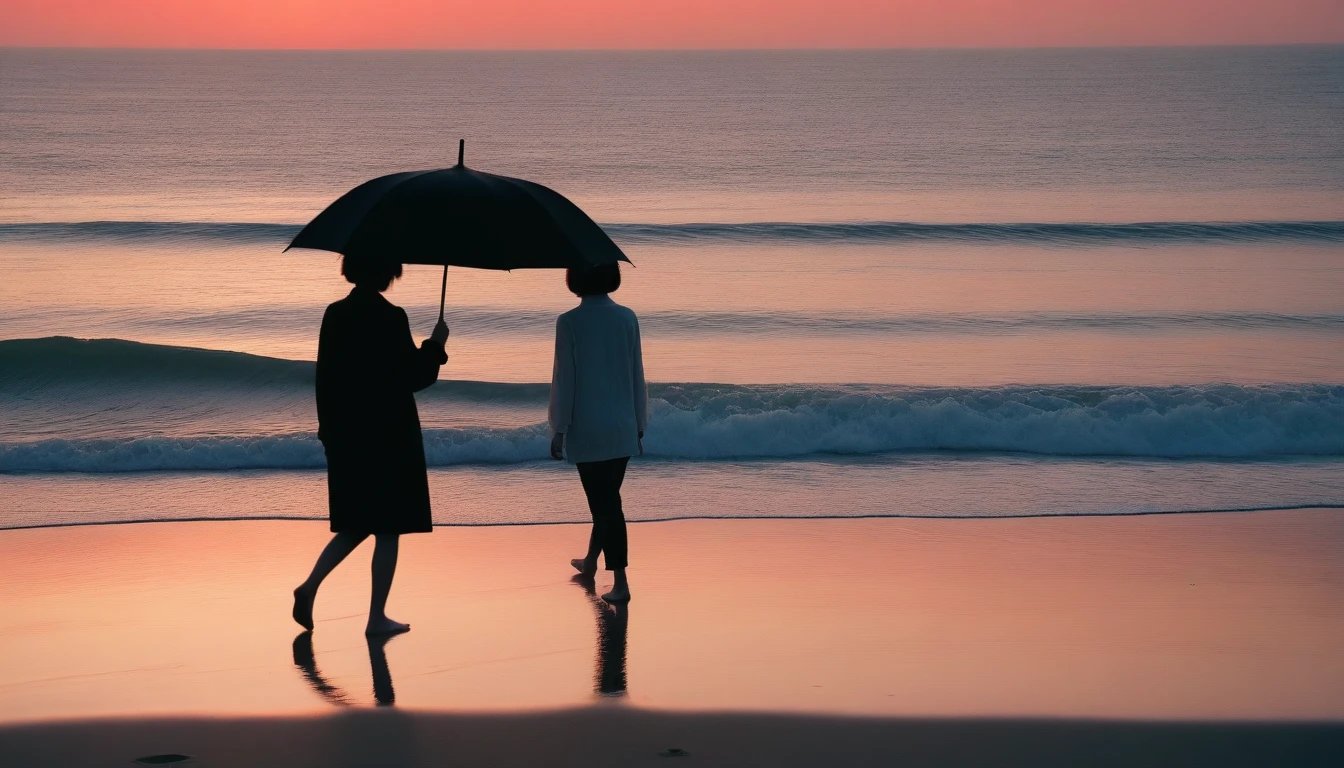 8K, Vivid picture quality, desolate long beach, two lovers walking on the beach from afar, short hair woman, red light of sunset, alone, afternoon, depressed, tide가 밀려온다, ocean, tide, black umbrella , wind, short korean woman, 잔잔한 tide