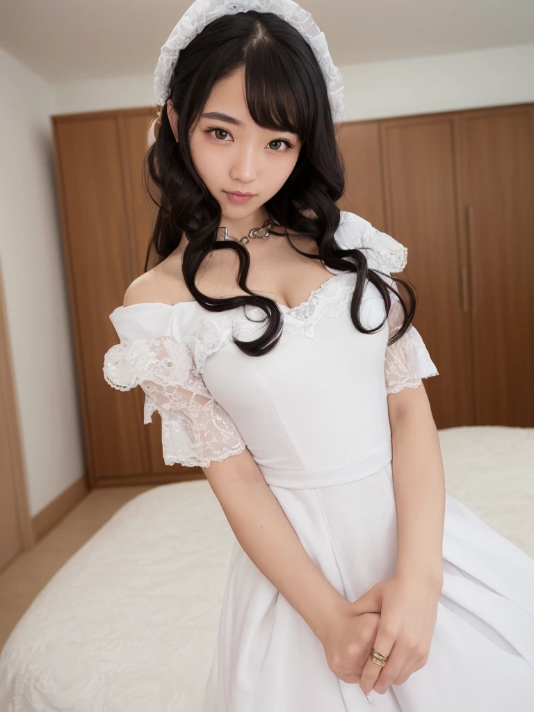 (Highest quality:1.9)、(High resolution)、Live-action image quality、((20-year-old woman、1 person))、Soft lighting by a professional photographer、Natural light、((Very spacious white luxurious room:1.6))、((Bright white room:1.6))、(Standing in front of a very luxurious white bed:1.2)、(White bookshelf background:1.1)、Natural soft light、((Black Hair Color:1.1))、Fair skin、Detailed Eyes、double eyelid、Slightly puffy cheeks、((Small Face:1.0))、(maid_cosplay, breasts, puffy short sleeves, puffy sleeves, short sleeves, maid headdress, chain, frills, white gloves, cowboy shot, large breasts, pointy hair, gloves,gothic, gothic maid)、(Cute Smile)、((Girly pose 1.8))、((Long curly hair:1.1))、((Full Body Shot:1.2))、((Height: 165cm))、Hands in front、Hold hands between legs、