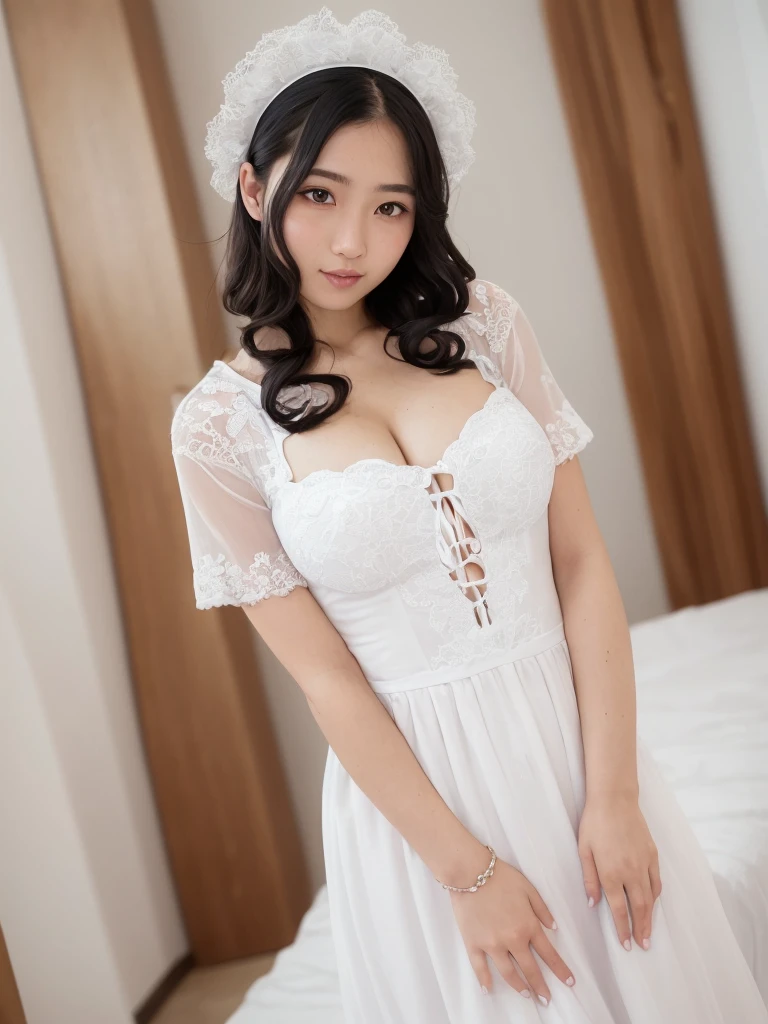 (Highest quality:1.9)、(High resolution)、Live-action image quality、((20-year-old woman、1 person))、Soft lighting by a professional photographer、Natural light、((Very spacious white luxurious room:1.6))、((Bright white room:1.6))、(Standing in front of a very luxurious white bed:1.2)、(White bookshelf background:1.1)、Natural soft light、((Black Hair Color:1.1))、Fair skin、Detailed Eyes、double eyelid、Slightly puffy cheeks、((Small Face:1.0))、(maid_cosplay, breasts, puffy short sleeves, puffy sleeves, short sleeves, maid headdress, chain, frills, white gloves, cowboy shot, large breasts, pointy hair, gloves,gothic, gothic maid)、(Cute Smile)、((Girly pose 1.8))、((Long curly hair:1.1))、((Full Body Shot:1.2))、((Height: 165cm))、Hands in front、Hold hands between legs、