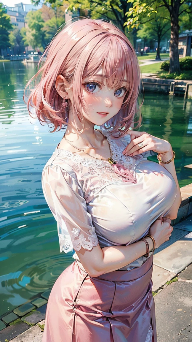 (Masterpiece, BestQuality:1.3), (ultra detailed:1.2), (hyperrealistic:1.3), (RAW photo:1.2), High detail RAW color photo, professional photograph, (Photorealistic:1.4), (realistic:1.4), (Pink Hair:1.5), professional lighting, perfect anatomy, (Big Breasts:1.2), (blush, detailed face), (cheerful Smile:1.5), Trending Hair&Trending Hairカラーをランダムに, earrings, necklace, bracelet, sexly, erotic sexly, Random sexy gravure poses, (Beautiful woman wearing a white lace blouse and skirt、She smiles sexily by the lake, highlighting her breasts.。:1.3)