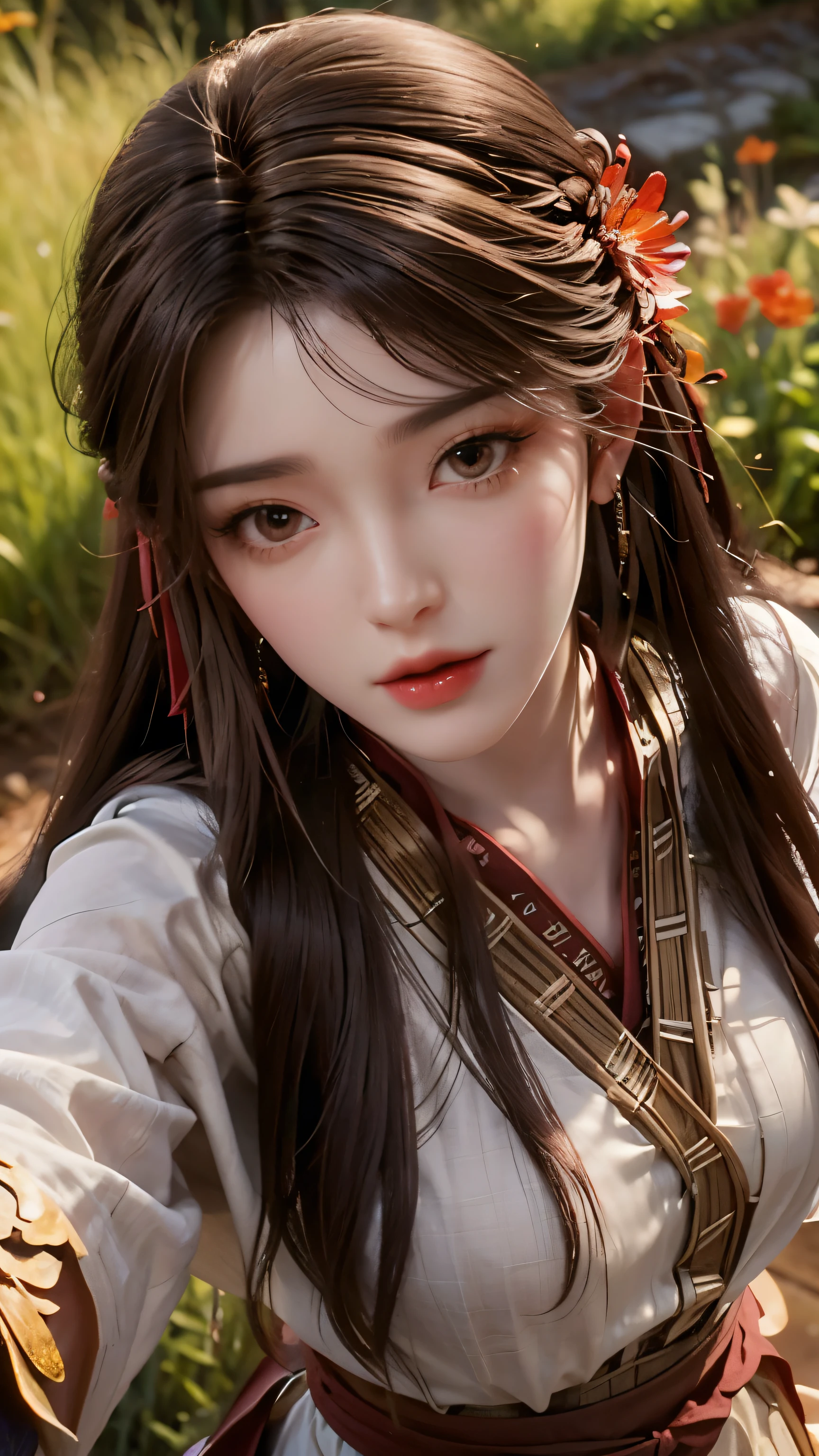 Beautiful detailed brownish eyes,flowing long black hair,Holding a bouquet of wildflowers,Surrounded by lush mulberry trees and blooming flowers,The background is a golden sunset,Vibrant colors and vivid lights,Above the hips,Shooting from above
