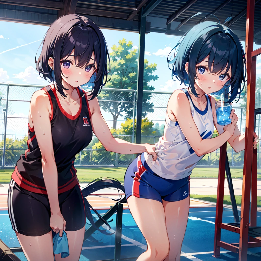 Masterpiece, highest quality, high resolution background, bright and beautiful atmosphere, 2 girls (2 years old, 1 short-tempered round face), 1 child) (hair, surface effects), small breasts, sports club, wiping sweat A girl taking water from a tumbler, her face turned slightly upwards, muscle training equipment lined up, "deltamon_sdXL :0.73) >Deltamon"