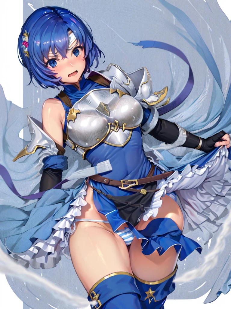 (White background:1.2),1girl,BREAK,Blue Hair, short hair, blue eyes, cute, Narrow waist, small, Toned Up, Large Breasts, Bare shoulders, Red neckerchief, Blue elbow gloves, Blue fingerless gloves, Pauldrons, belt, breastplate, White headband, Short dress, Dress slit, Blue tight boots, Blue long boots, Pegasus Knight Uniform (Fire emblem), low length,blush,Scared,distress,Open your mouth,(Her skirt is lifted up and her panties are visible,Blue and white striped panties:1.3)