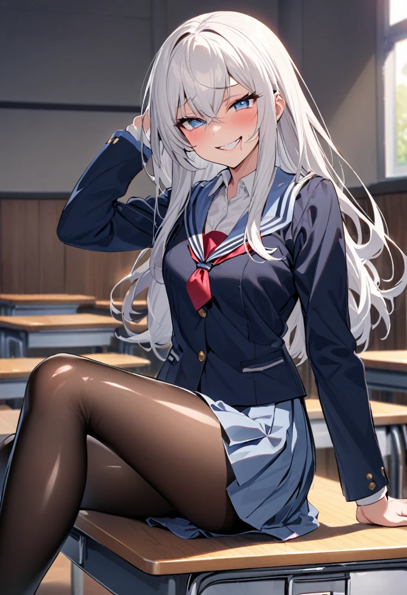 Female Student in a schooluniform with super shiny pantyhose and shoes. She sits on the table. She has a deviant smile and dominant expression. She has white hair with shiny blue eyes. She knows all the other students are drooling with lust and jealousy for her.