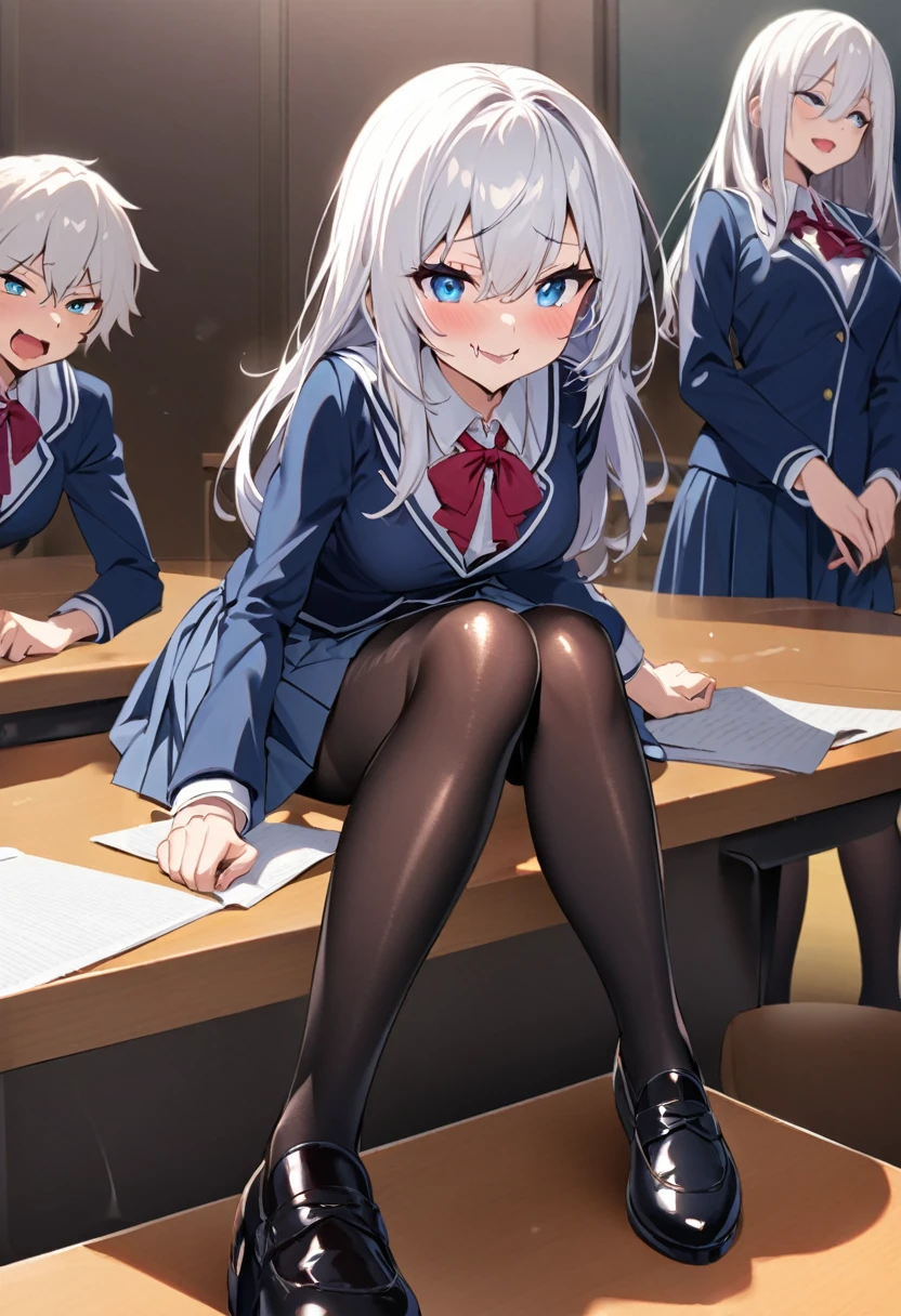 Female Student in a schooluniform with super shiny pantyhose and shoes. She sits on the table. She has a deviant smile and dominant expression. She has white hair with shiny blue eyes. She knows all the other students are drooling with lust and jealousy for her. 