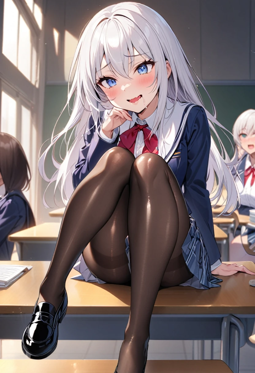 Female Student in a schooluniform with super shiny pantyhose and shoes. She sits on the table. She has a deviant smile and dominant expression. She has white hair with shiny blue eyes. She knows all the other students are drooling with lust and jealousy for her.