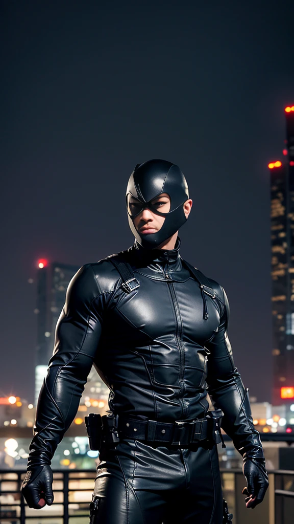 ((realistic: 1.5)),((best quality)), ((masterpiece)),((detailed)), male ninja, Vigilante, Caucasian American, handsome, photorealistic face,short hair, attack position, ninja vigilante tactical superhero outfit, katana on the back,wearing shiny black rubber suit, leather gloves, just outside of the city with evening cityscape in the background, huge biceps, huge muscles, muscular big body,