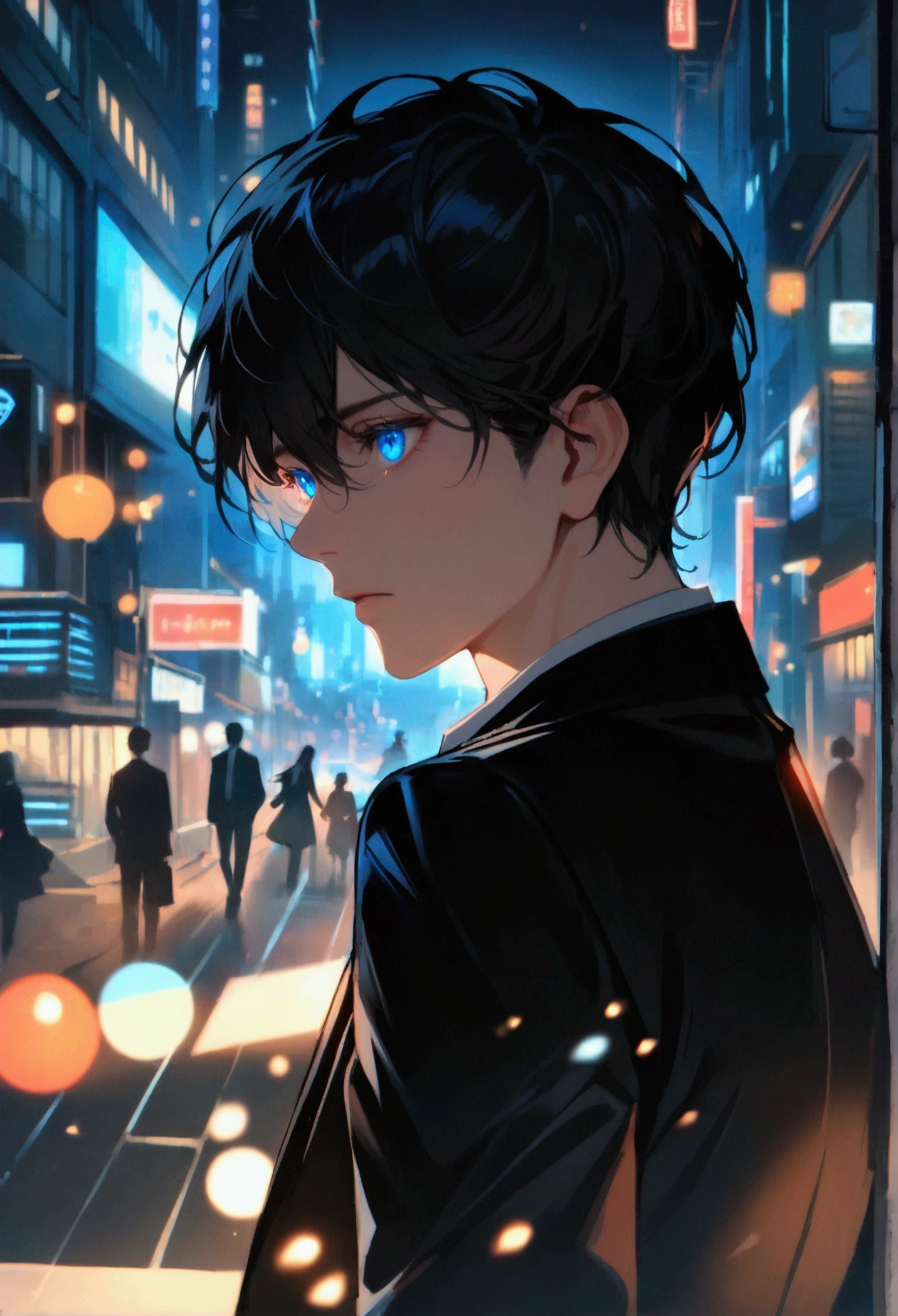A man with black hair blue eyes in a black suit turns half-face his back on the city at night.