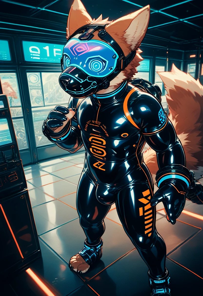 Highest quality, Highest quality, High quality illustrations, masterpiece, Ultra-high resolution, Detailed Background, Games Room, Absurd, Perfect Anatomy, performance, Good lighting, Shadows in the movies(kemono, Furry Personifi猫ion), Rubber suit, Rubber suit, latex, neon, neonライト, neonカラー, Mech Suit, Rubber mask, ribbon, Embarrassing, Null bulge, male, juvenile, From above