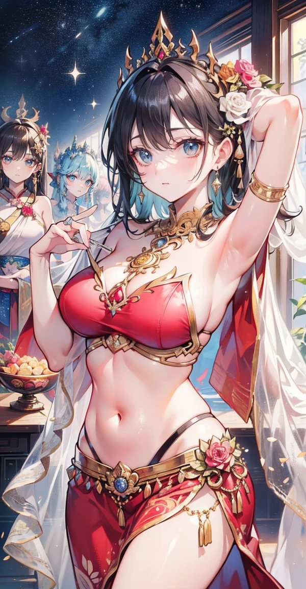 Highest quality、Highest picture quality、Masterpiece ,Group of 5 princesses,(6 young women,many young women), (in the bedroom), Various hair styles, harem,((Traditional Thai Lanna cloth:1.5,Traditional Thai Lanna costume, Strapless style, no straps..:1.5,Traditional Thai Lanna costumeที่หรูหรา:1.5,short skirtข้าง:1.4, bare shoulders,Random batch color)), at night, detailed face, big breasts,Breast curtain, short skirt, mule, Sleeveless , Show your armpits, at night, starry at night,(large areolae:1.4,pink,The nipples are clearly visible....),ขับnavel,การdance,dance,Thai dance, desert dancer,belly dancer,(charming, การdanceที่หรูหราและน่าหลงใหล:1.3),(Decorate beautiful flowers on your head..),(Light silk clothing),navel,(Broken gold jewelry hung from her skirt..),นักเต้นที่เซ็กซี่และcharming