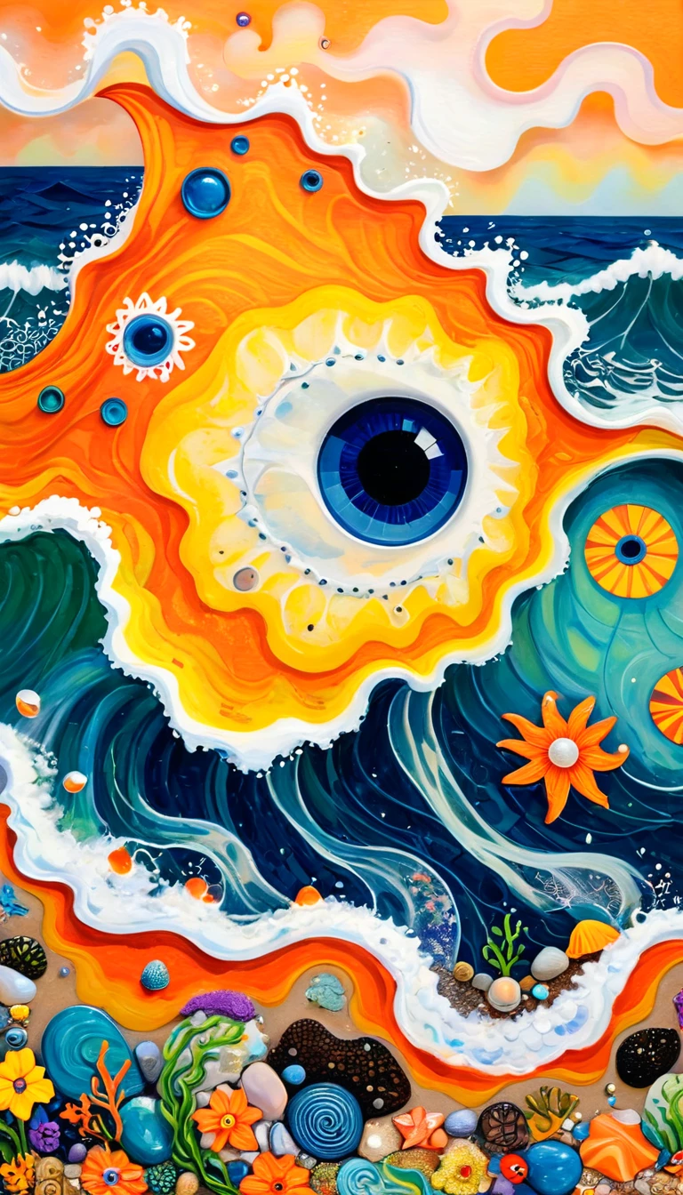 Children's graffiti,Thick coating,Concave and convex texture,Oil pastel strokes:Waves in the Conch、flowesh、Tentacles、Beach,Stone、pearl、Tears、Eye、diatom,Abstract mosaic painting,Describing the inner world of autistic people,Sense of space,White Space,interesting,Innocence,Psychedelic Art,Orange overall