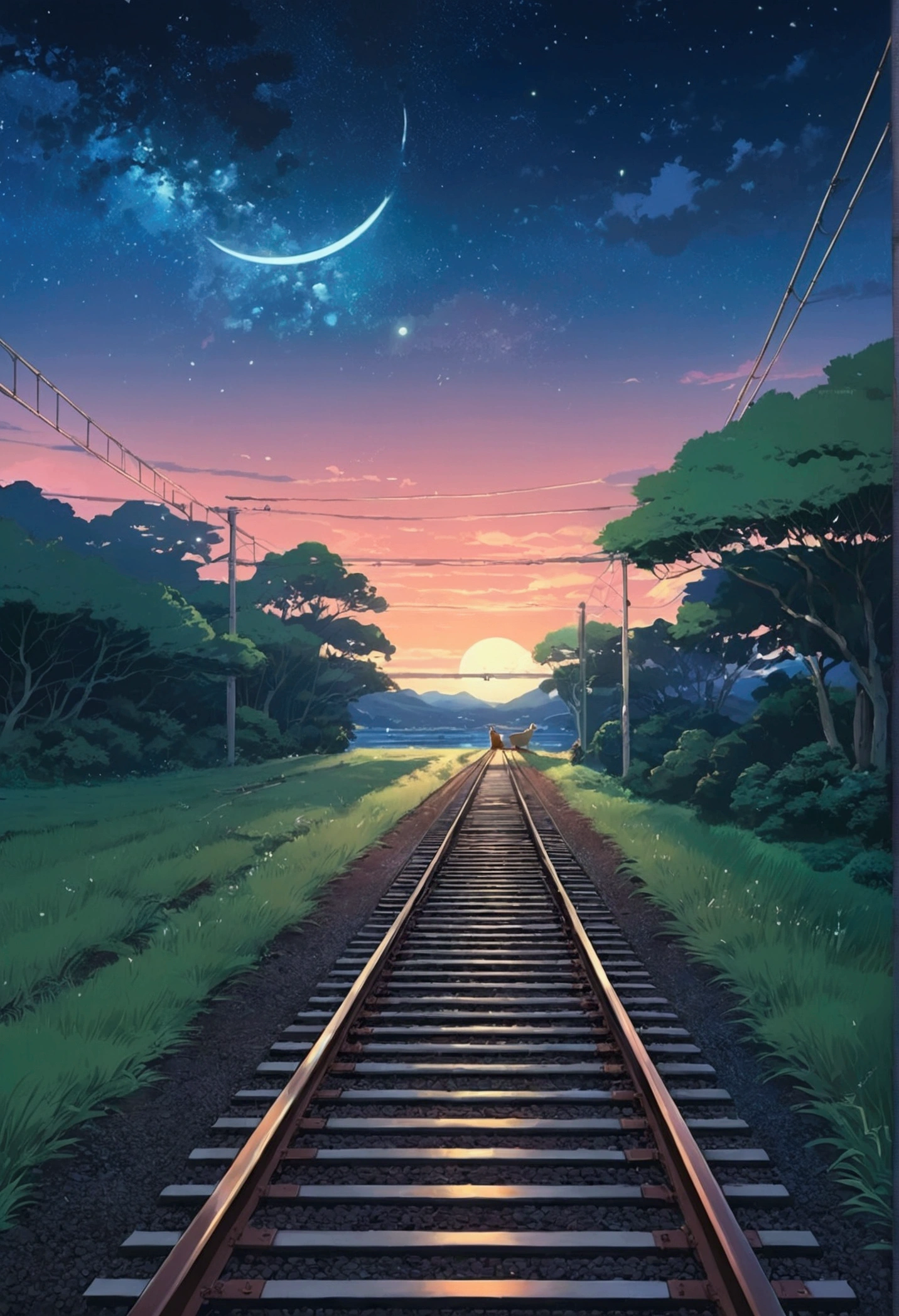 High quality masterpiece ，scenecy，Anime train passing through bodies of water on tracks， Glittering starry sky。，Lofi art style，Reflectors, By Makoto Shinkai, Lofi art, beautiful anime scenes, Anime landscapes, Detailed scenery —width 672, in the style of makoto shinkai, Makoto Shinkai's style，Detail enhancement,a Shiba Inu which standing
