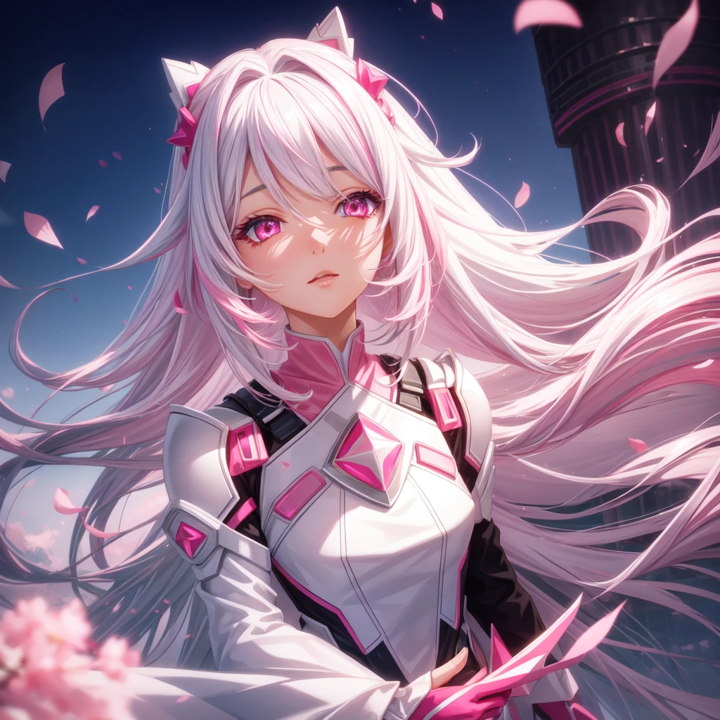a very pretty girl,tower of fantasy,white hair with pink gradient tips ,bright eyes neon pink ,cherry petals ,futuristic suit , ultra realistic anime style, HDR, 12 k 
