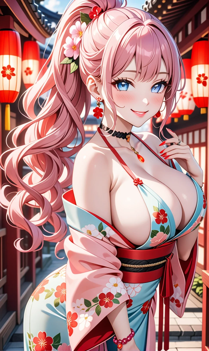 ultra-detailed, ((one girl)), (pale skin:1.4), in pastel colors gyaru, (heavy makeup), (professional lighting) hyper detailed, absurdres, 8K, Beautiful Face, (Laugh shyly), ((teasing smile:1.8)), ((Wink:1.7)), (Laugh with your mouth wide open),((Tilt your face:1.6)), View your viewers, ((Bright red cheeks:1.6)),Glossy Red Lips, ((Big Breasts:1.5)), ((undressing:1.2)), noon, Shrine festival venue , ((Anime style background)),masterpiece, Highest quality, so beautiful,Latest, Complex details, (Pink long nails), (nail art), (ring),(bracelet), (Floral Choker),AI-generated, Complex,High resolution, Highest quality, super high quality,3D Images、3D Images,One person,Pastel pink long hair,(High Ponytail), (wavy hair:1.3), Pastel anime woman posing for a photo, ((Fine grain、blue eyes、glowing eyes:1.4)), (Squint your eyes:1.1),a hyperRealistic , hyperRealistic , Realistic,Anime woman with long pastel pink hair, Smooth anime CG art, A girl in a gorgeous pastel-colored kimono, ((Pastel-colored furisode)),(Pink large floral pattern), (sideboob), Long flower hair ornament,Floral Earrings, Mature Body, tall,Narrow waist,((from side)), ((leaning forward)),