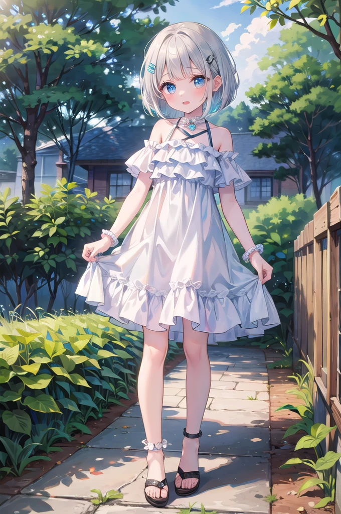 (8K, best quality, master piece: 1.5),super high resolution, One girl, solo, full shot, 10 years old, ultra-detailed face, detailed eyes, rainbow colored iris, (cyan eyes), bob cut, Silver gray hair, blunt bangs, hairclip, orgasm face, pale skin, Medium chest, hot pink color princess dress, bare legs, anklet, garden, standing