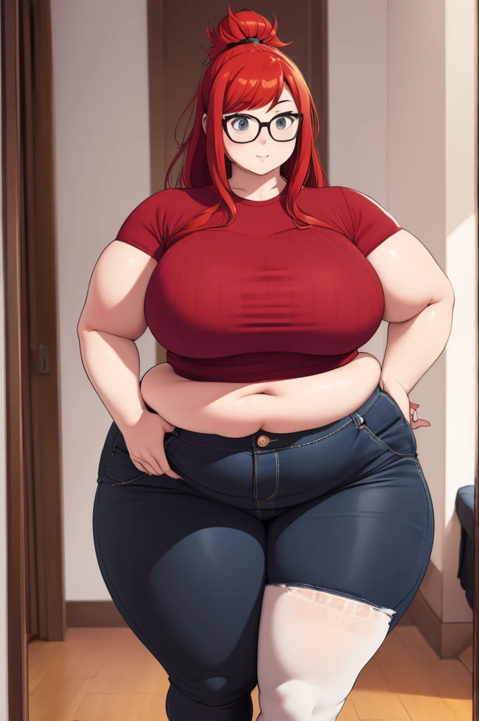 make redhaired ssbbw fat girl at home in too tight clothes she's holding a smartphone