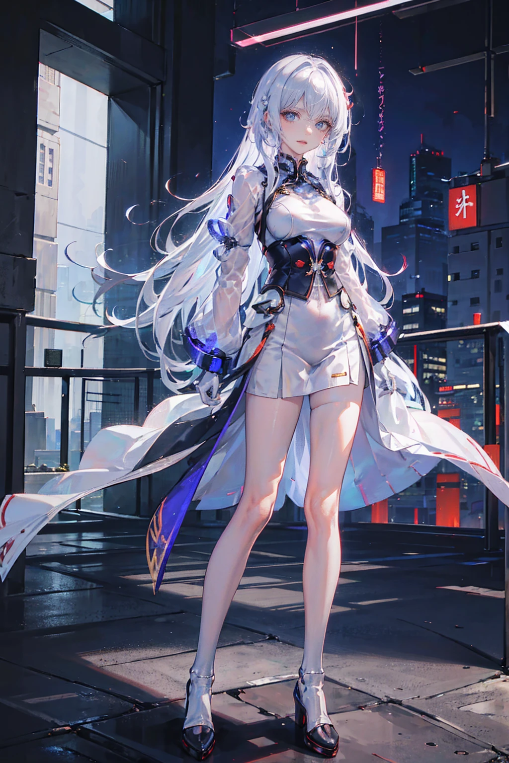 masterpiece, Beautiful urban female model, Full body white transparent clothing standing under the stars at night in the sky, Disappearing Transparent Pants, Full body standing, Tall figures, Thin legs, Facial details, Body parts details, 8k wallpaper