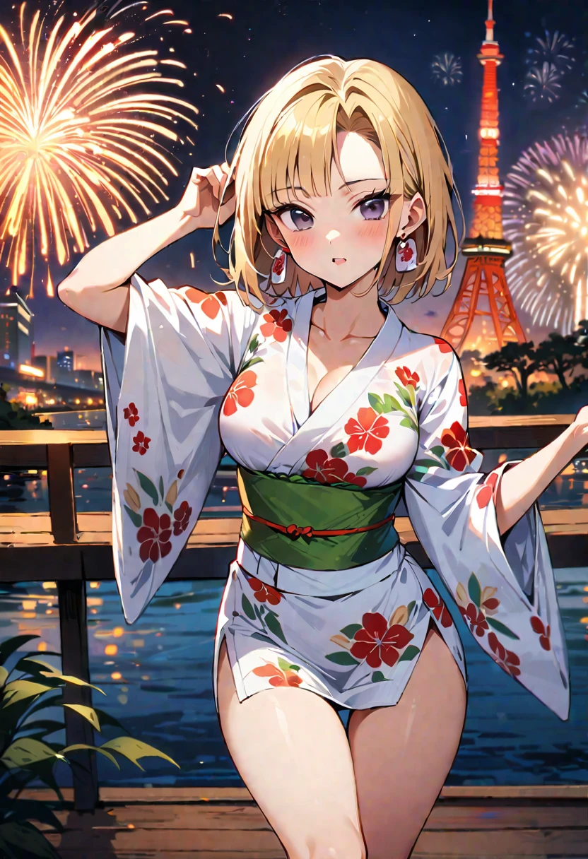 (masterpiece, best quality:1.2),1girl, (solo), Android 18 from Dragon Ball, ((floral print white kimono)), medium breasts, blunt bangs, blonde short hair, (black eyes), earrings on earlobes, slim, slender feminine figure, skinny body, blush, magnificent view, blur background, 4K, Tokyo Tower, firework, arms open, collarbone, (Kimetsu no Yaiba), Demon, looking at fireworks, riverside, thigh gap,