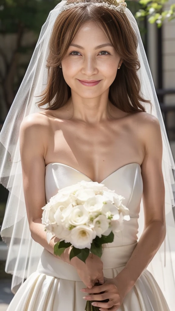 ((Highest quality)), ((8K)), ((masterpiece: 1.3)), (Perfect appearance), (Photorealism: 1.6), (JMA), (KE), (Japan Bride), (In front of the church), (sunny), Japanese women, (48 years old), (Natural light), ((Stand upright, Look forward, Center of screen)), ((Realistic skin texture)), (Fine wrinkles appear all over the skin: 1.3), (Dullness: 1.1), (Unmoisturized skin: 1.2) , (Facial wrinkles: 0.9), (Wrinkles around the eyes: 1.2), double eyelid, Lower eyelid tear trough, (Crying Mole: 0.9), The eyes are looking here, Serious look, (Dimples: 1.2), Laugh with the corners of your mouth wide open, Straight medium length, (Wedding dress: 1.2), (Mermaid Line Dresses: 1.2), (Face-hiding veil: 1.2), (Bridal Veil: 1.2), High heels, (Bouquet in hand: 1.2), (whole body), (Angle from the feet: 1.2),