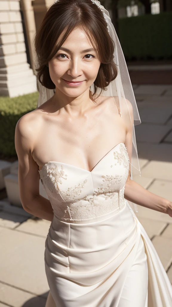 ((Highest quality)), ((8K)), ((masterpiece: 1.3)), (Perfect appearance), (Photorealism: 1.6), (JMA), (KE), (Japan Bride), (In front of the church), (sunny), Japanese women, (48 years old), (Natural light), ((Stand upright, Look forward, Center of screen)), ((Realistic skin texture)), (Fine wrinkles appear all over the skin: 1.3), (Dullness: 1.1), (Unmoisturized skin: 1.2) , (Facial wrinkles: 0.9), (Wrinkles around the eyes: 1.2), double eyelid, Lower eyelid tear trough, (Crying Mole: 0.9), The eyes are looking here, Serious look, (Dimples: 1.2), Laugh with the corners of your mouth wide open, Straight medium length, (Wedding dress: 1.2), (Mermaid Line Dresses: 1.2), (Face-hiding veil: 1.2), (Bridal Veil: 1.2), High heels, (Bouquet in hand: 1.2), (whole body), (Angle from the feet: 1.2),