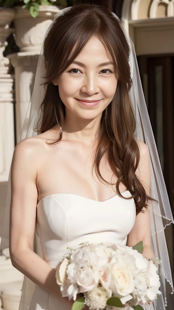 ((Highest quality)), ((8K)), ((masterpiece: 1.3)), (Perfect appearance), (Photorealism: 1.6), (JMA), (KE), (Japan Bride), (In front of the church), (sunny), Japanese women, (48 years old), (Natural light), ((Stand upright, Look forward, Center of screen)), ((Realistic skin texture)), (Fine wrinkles appear all over the skin: 1.3), (Dullness: 1.1), (Unmoisturized skin: 1.2) , (Facial wrinkles: 0.9), (Wrinkles around the eyes: 1.2), double eyelid, Lower eyelid tear trough, (Crying Mole: 0.9), The eyes are looking here, Serious look, (Dimples: 1.2), Laugh with the corners of your mouth wide open, Straight medium length, (Wedding dress: 1.2), (Mermaid Line Dresses: 1.2), (Face-hiding veil: 1.2), (Bridal Veil: 1.2), High heels, (Bouquet in hand: 1.2), (whole body), (Angle from the feet: 1.2),