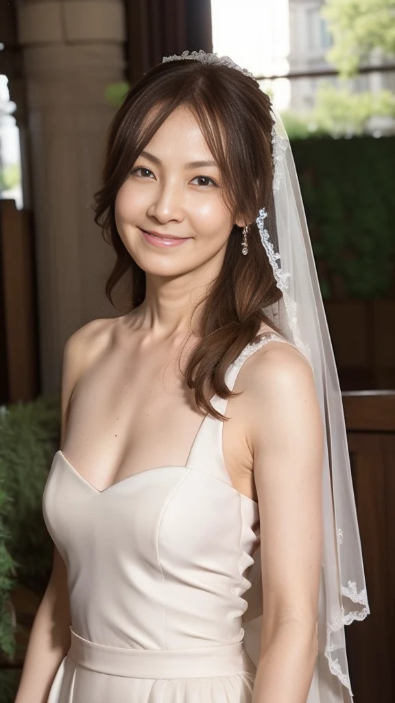 ((Highest quality)), ((8K)), ((masterpiece: 1.3)), (Perfect appearance), (Photorealism: 1.6), (JMA), (KE), (Japan Bride), (In front of the church), (sunny), Japanese women, (48 years old), (Natural light), ((Stand upright, Look forward, Center of screen)), ((Realistic skin texture)), (Fine wrinkles appear all over the skin: 1.3), (Dullness: 1.1), (Unmoisturized skin: 1.2) , (Facial wrinkles: 0.9), (Wrinkles around the eyes: 1.2), double eyelid, Lower eyelid tear trough, (Crying Mole: 0.9), The eyes are looking here, Serious look, (Dimples: 1.2), Laugh with the corners of your mouth wide open, Straight medium length, (Wedding dress: 1.2), (Mermaid Line Dresses: 1.2), (Face-hiding veil: 1.2), (Bridal Veil: 1.2), High heels, (Bouquet in hand: 1.2), (whole body), (Angle from the feet: 1.2),