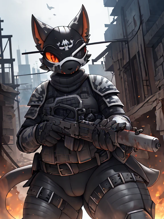 женщина anthro furry tiger ,absurdity, A high resolution, ultra detailed, 1 girl, whole body, holding mechanical chainsaw, Red eyes,  in black knightly armor, the face is covered in blood, the face is gloomy and serious+ ruins of the city,  Anime. A high resolution、masterpiece、top quality、ultra detailed、masterpiece、sharp focus、lighting like in a movie、full body image、((Black reinforced armor suit for troops with complex patterns))、helmet, covering the head and face、、(full armor、Full face armor)、((Black combat glasses))、Black sunglasses、(Pistol Shooting), (dynamic action. , pirate with blindfold, Spot on one eye, scull, in military clothing, ) 