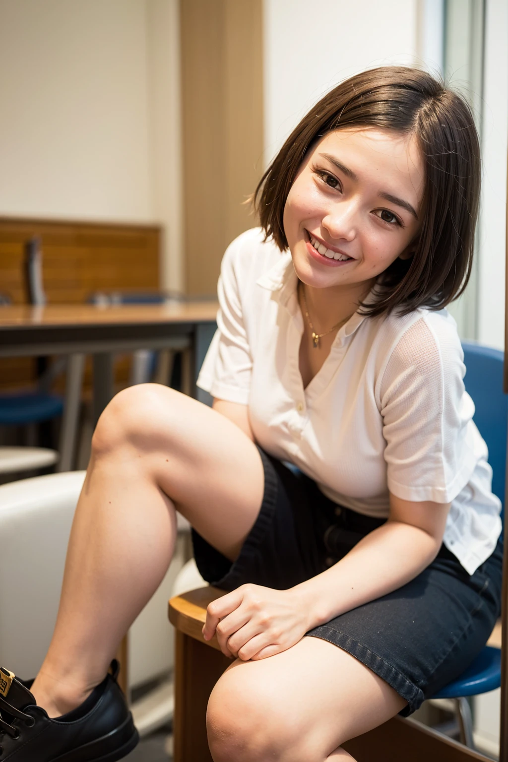 Top quality, 1 beautiful woman, super short Hair, mini skirt , Giddy Smile, Crouching, at school 