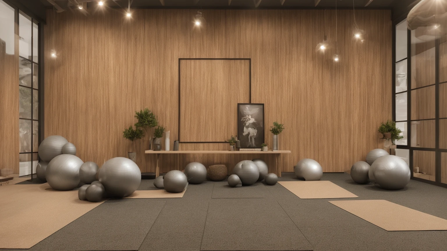 Cozy simple fitness yoga room, basement, front view, light wood grain and earth tones, low saturation, wide view.