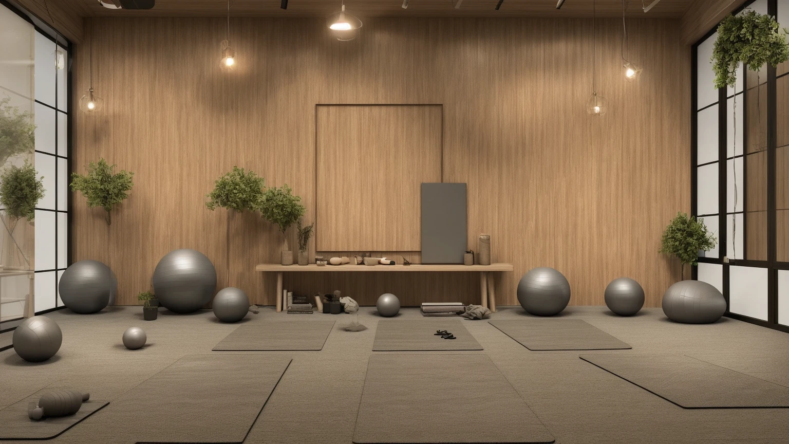 Cozy simple fitness yoga room, basement, front view, light wood grain and earth tones, low saturation, wide view.